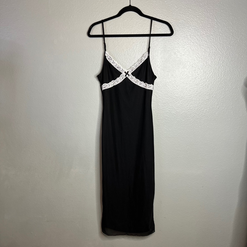 Fashion Nova Black Lace Trim Slip Dress Size L Midi Y2K Babydoll Whimsigoth